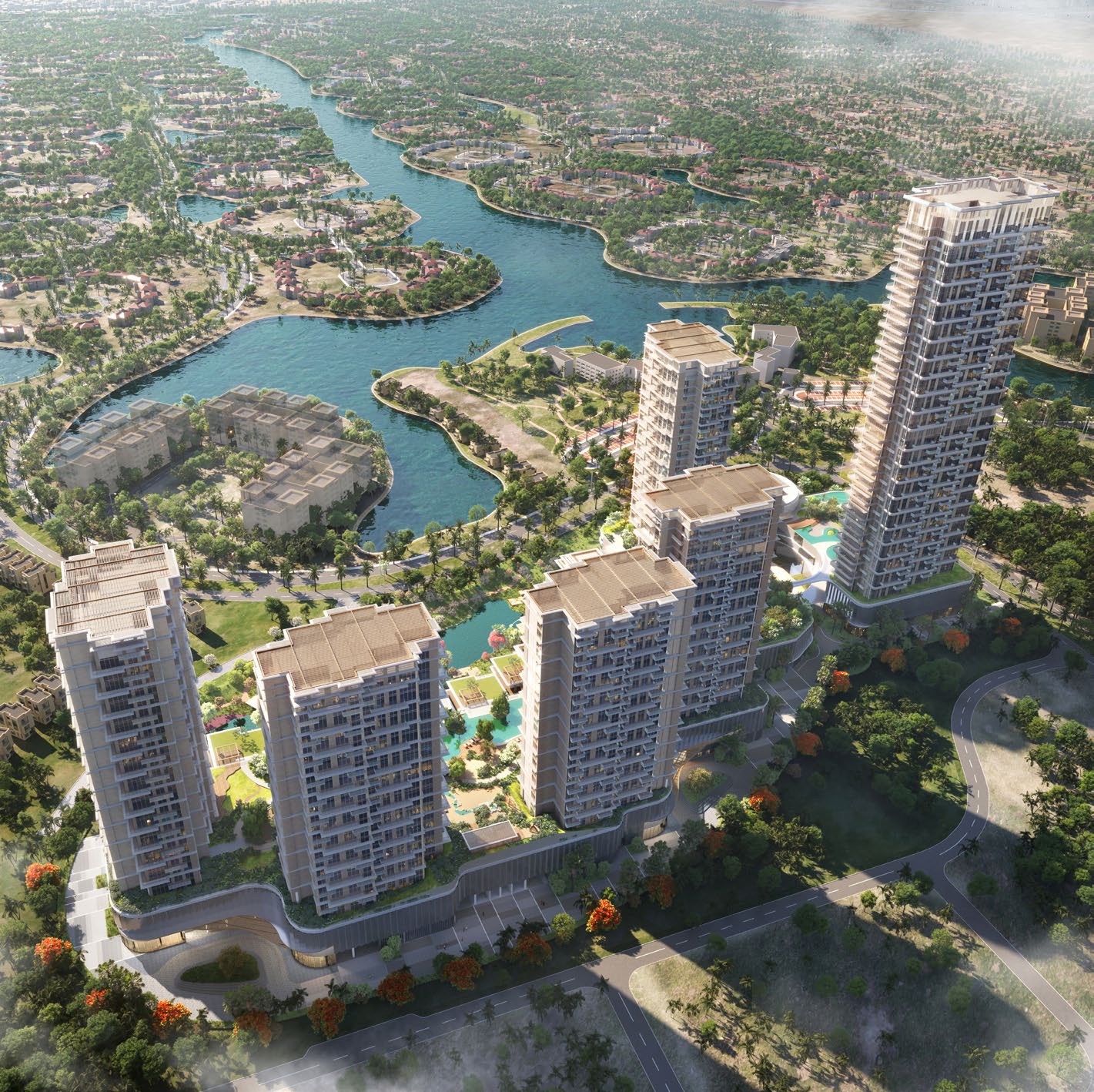 Aerial view of the towers beside the Jumeirah Islands lakes and greenery