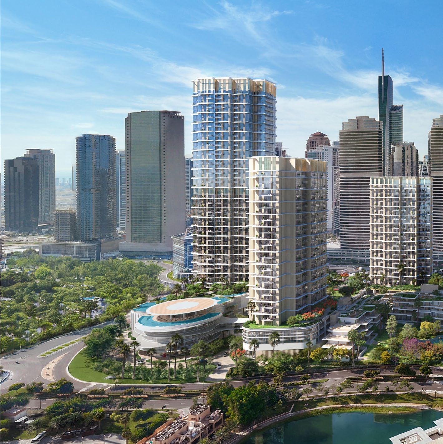 Serenia District towers and clubhouse beside the lake, with the skyline beyond