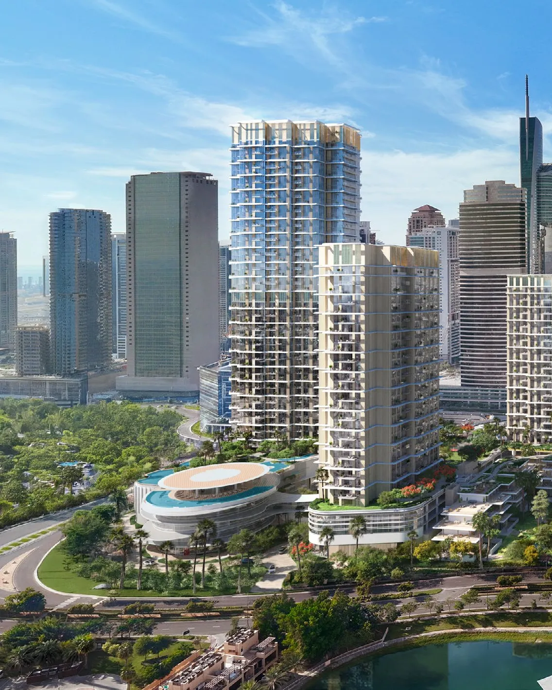 Serenia District towers and clubhouse beside the lake, with the skyline beyond