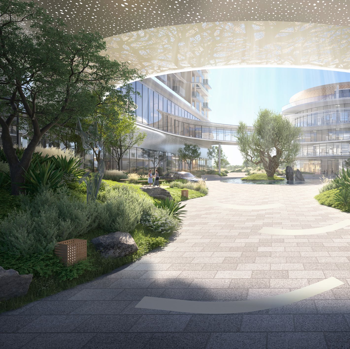 Paved courtyard with olive tree, planting and a pierced canopy above
