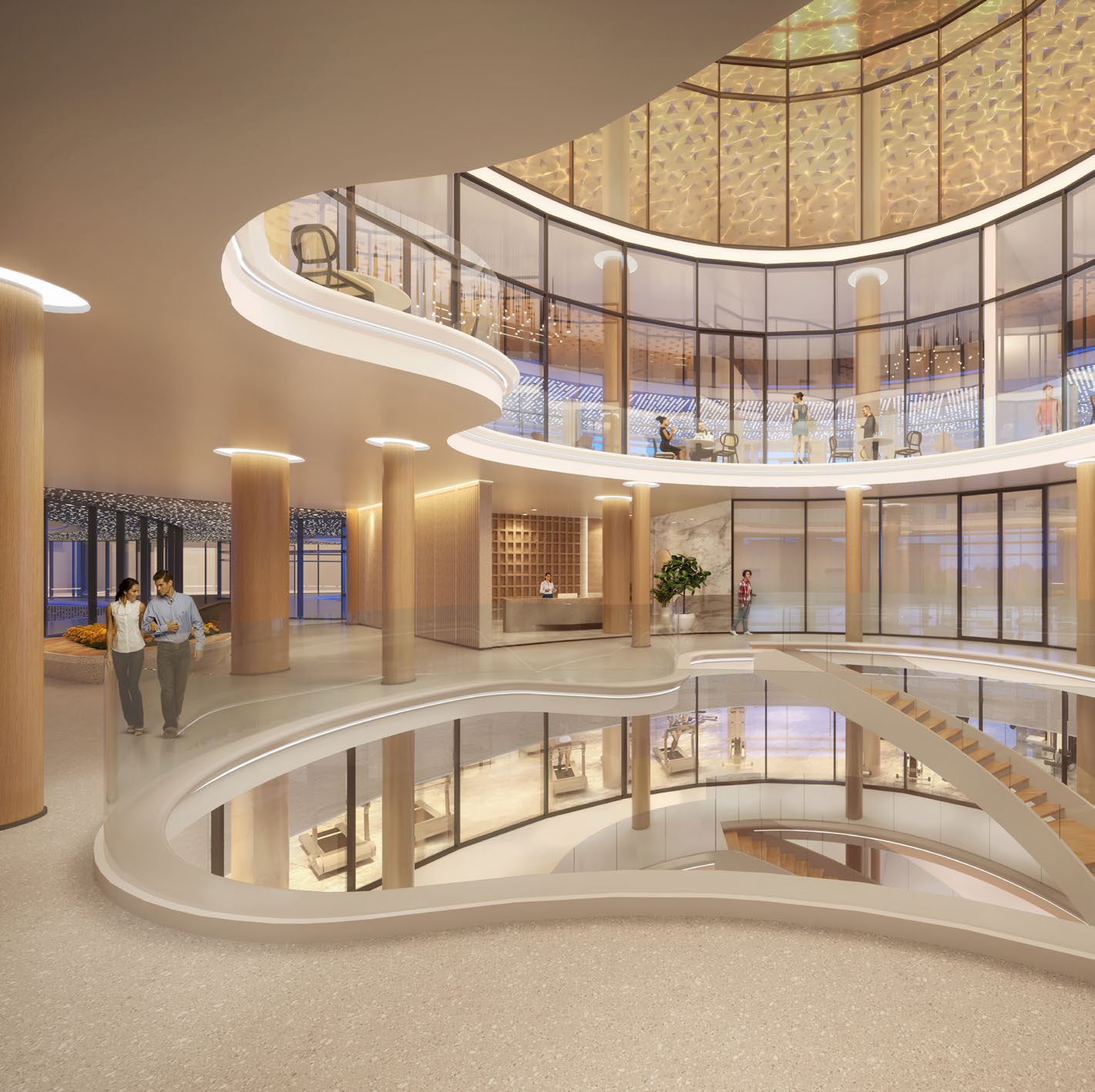 Curved clubhouse galleries with timber columns and a gym below