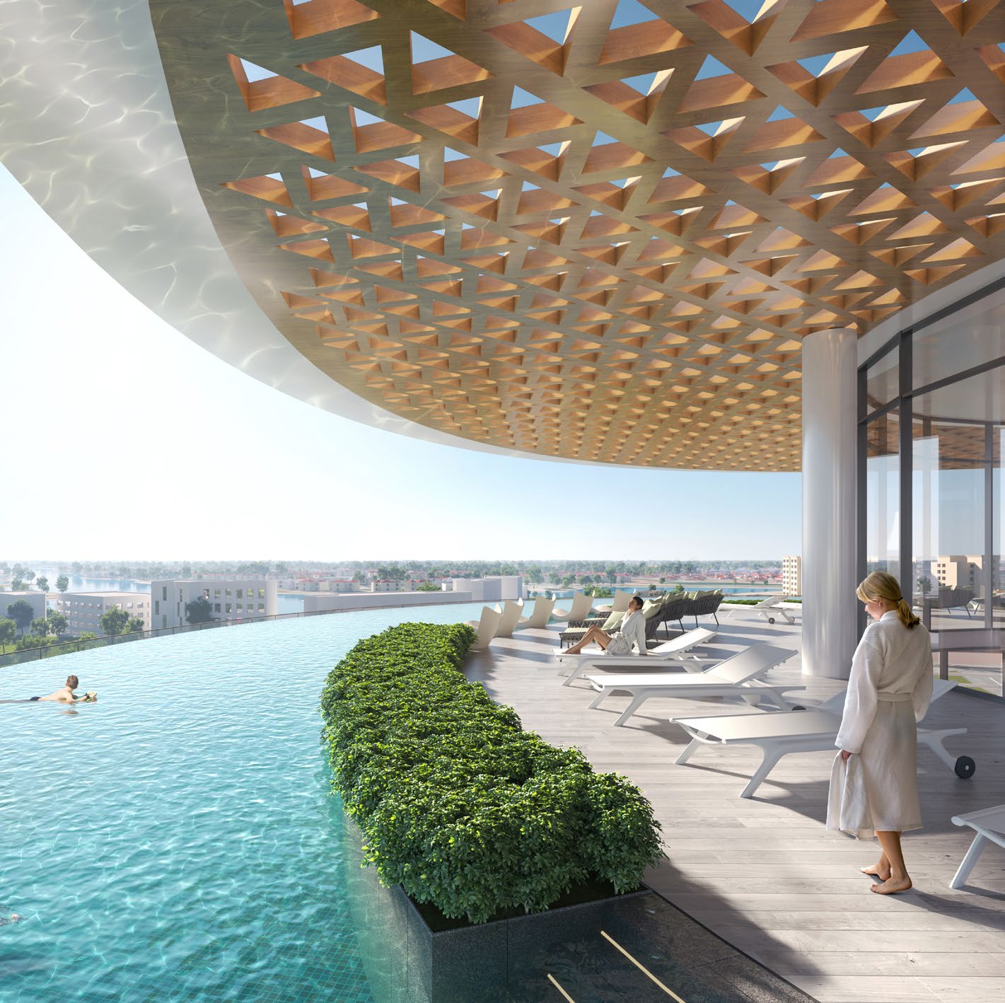 Clubhouse rooftop infinity pool under a timber lattice canopy