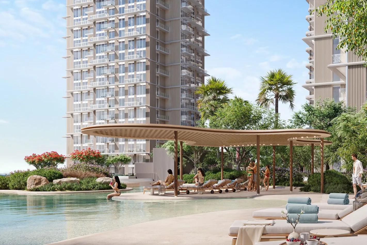 Family pool with a curved shade canopy and timber loungers