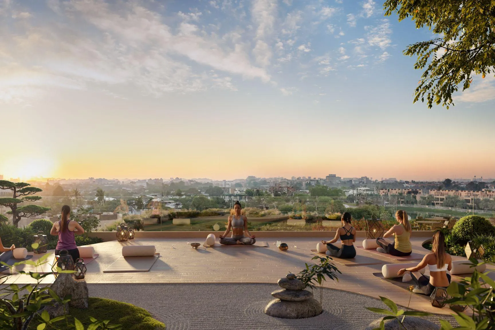 Yoga deck with a Japanese garden overlooking the city at sunrise