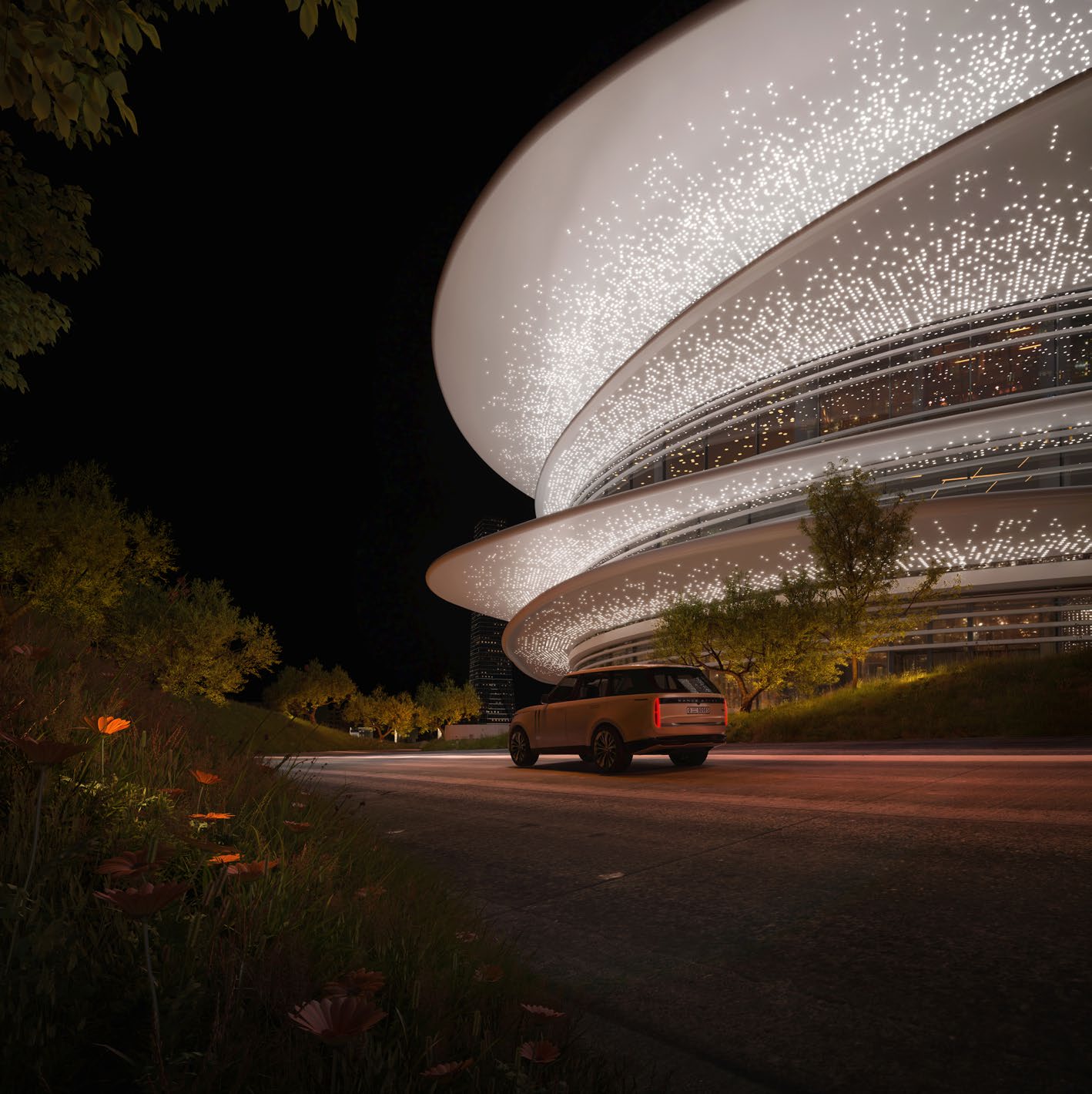 Clubhouse's curved white façade sparkling with lights at night